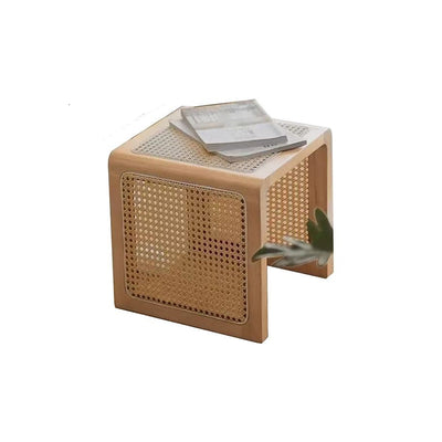 Traditional Rustic U-Shape Rubberwood Rattan Weaving End Table 2-Tier For Living Room