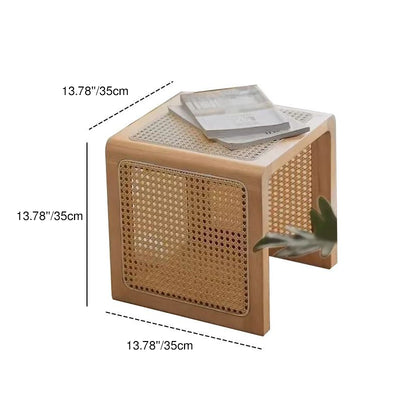 Traditional Rustic U-Shape Rubberwood Rattan Weaving End Table 2-Tier For Living Room