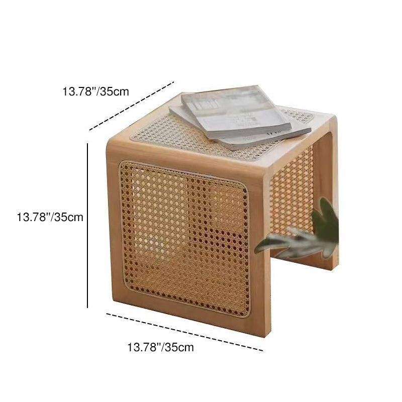 Traditional Rustic U-Shape Rubberwood Rattan Weaving End Table 2-Tier For Living Room