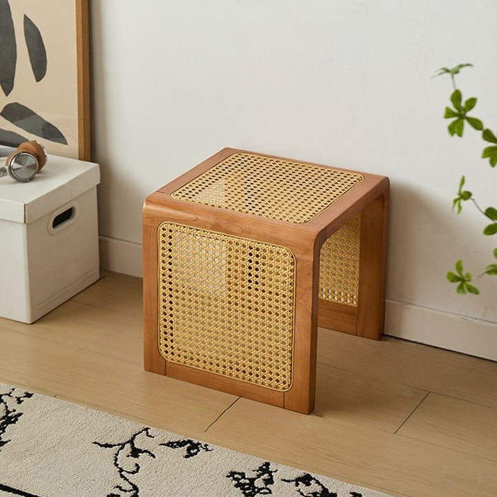 Traditional Rustic U-Shape Plywood Faux Rattan Weaving End Table 2-Tier For Living Room