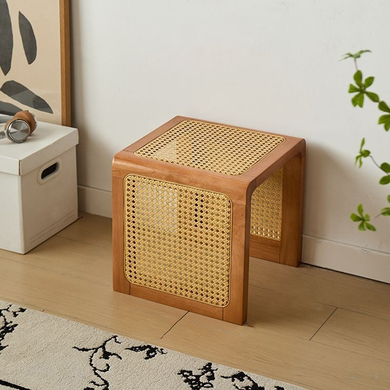 Traditional Rustic U-Shape Rubberwood Rattan Weaving End Table 2-Tier For Living Room