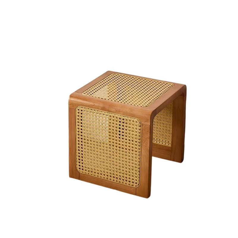 Traditional Rustic U-Shape Rubberwood Rattan Weaving End Table 2-Tier For Living Room