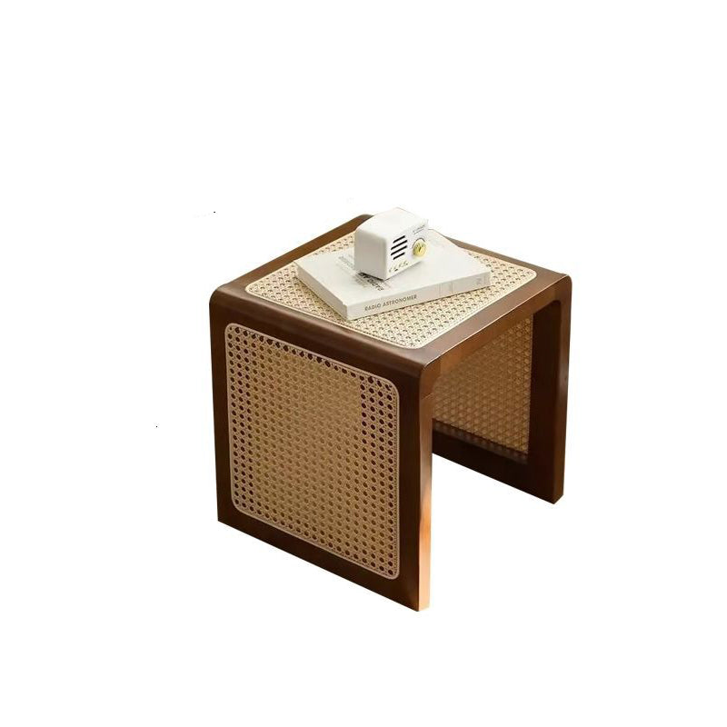 Traditional Rustic U-Shape Rubberwood Rattan Weaving End Table 2-Tier For Living Room