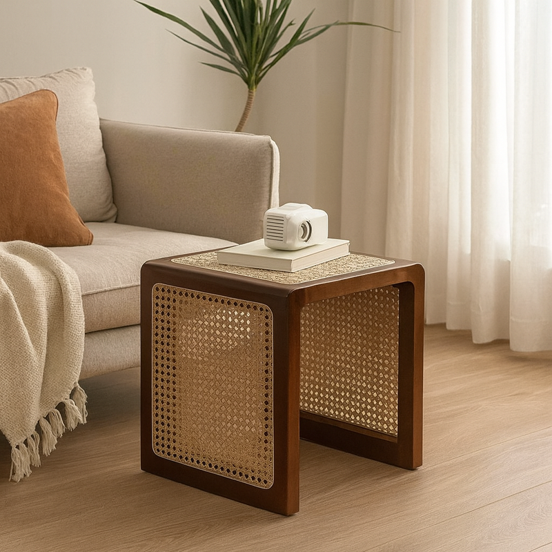 Traditional Rustic U-Shape Rubberwood Rattan Weaving End Table 2-Tier For Living Room