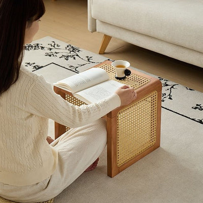 Traditional Rustic U-Shape Rubberwood Rattan Weaving End Table 2-Tier For Living Room