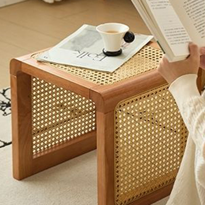 Traditional Rustic U-Shape Rubberwood Rattan Weaving End Table 2-Tier For Living Room