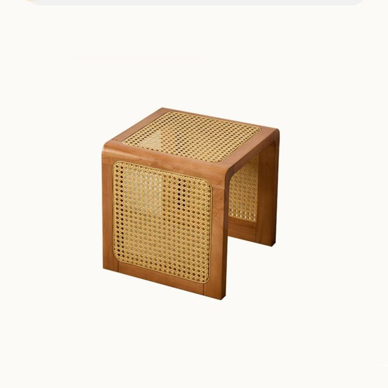 Traditional Rustic U-Shape Rubberwood Rattan Weaving End Table 2-Tier For Living Room