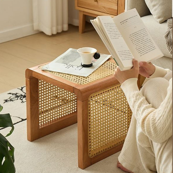 Traditional Rustic U-Shape Plywood Faux Rattan Weaving End Table 2-Tier For Living Room