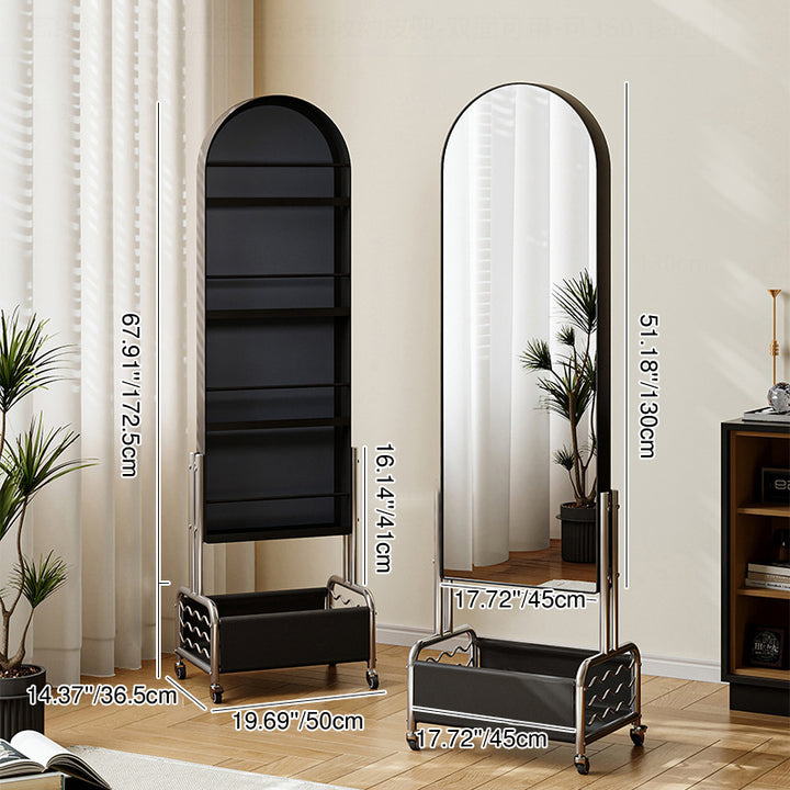 Moderner minimalistischer beweglicher drehbarer ovaler Bücherregal aus Kohlenstoffstahl mit Kunstleder und Glas, 1 Korb für das Schlafzimmer 