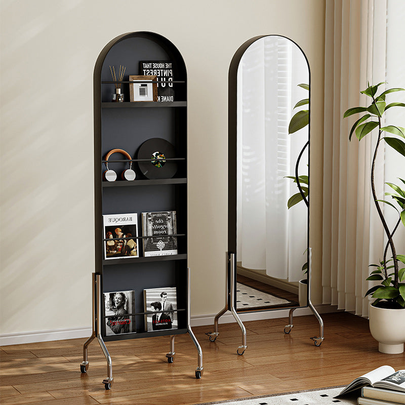 Modern Minimalist Movable Rotatable Oval Carbon Steel Faux Leather Glass Mirror Bookshelf 1-Basket For Bedroom