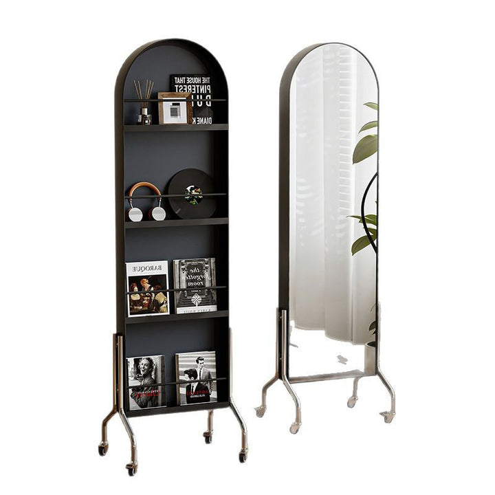 Moderner minimalistischer beweglicher drehbarer ovaler Bücherregal aus Kohlenstoffstahl mit Kunstleder und Glas, 1 Korb für das Schlafzimmer 