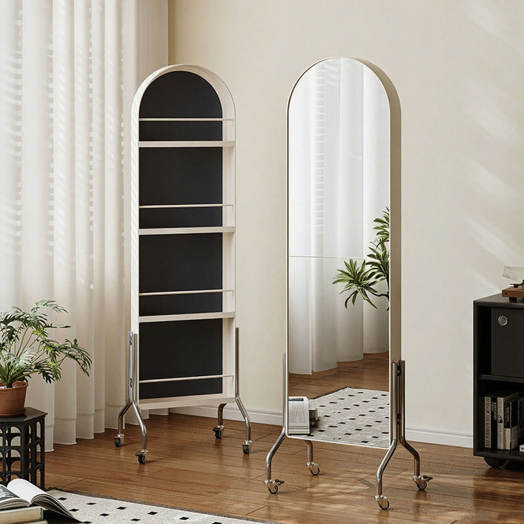 Moderner minimalistischer beweglicher drehbarer ovaler Bücherregal aus Kohlenstoffstahl mit Kunstleder und Glas, 1 Korb für das Schlafzimmer 