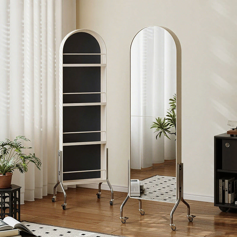 Modern Minimalist Movable Rotatable Oval Carbon Steel Faux Leather Glass Mirror Bookshelf 1-Basket For Bedroom