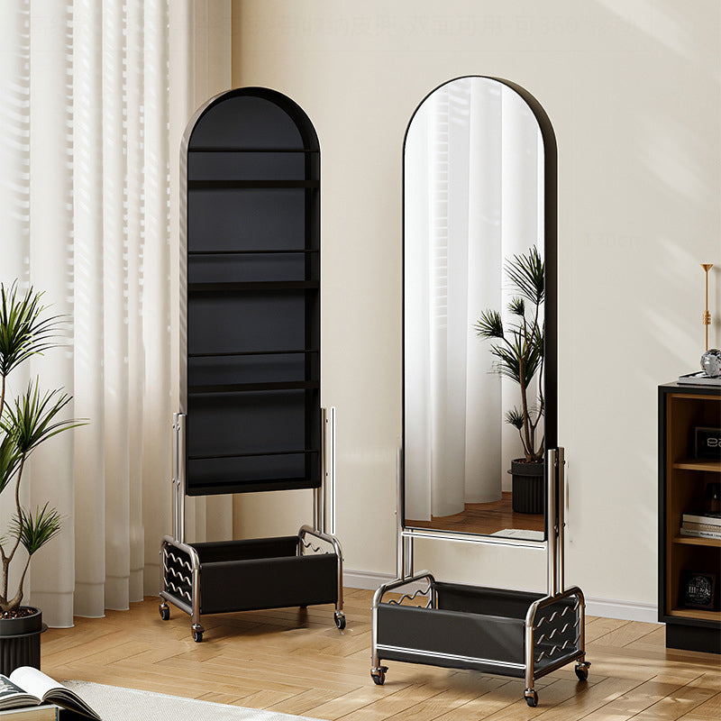 Modern Minimalist Movable Rotatable Oval Carbon Steel Faux Leather Glass Mirror Bookshelf 1-Basket For Bedroom