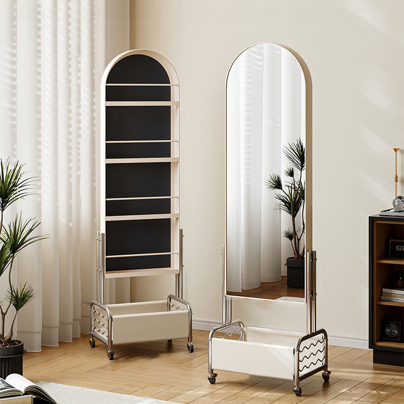 Modern Minimalist Movable Rotatable Oval Carbon Steel Faux Leather Glass Mirror Bookshelf 1-Basket For Bedroom
