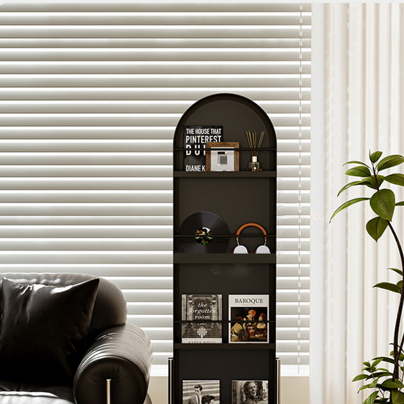 Moderner minimalistischer beweglicher drehbarer ovaler Bücherregal aus Kohlenstoffstahl mit Kunstleder und Glas, 1 Korb für das Schlafzimmer 
