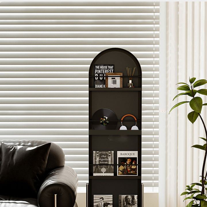 Moderner minimalistischer beweglicher drehbarer ovaler Bücherregal aus Kohlenstoffstahl mit Kunstleder und Glas, 1 Korb für das Schlafzimmer 