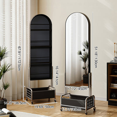 Modern Minimalist Movable Rotatable Oval Carbon Steel Faux Leather Glass Mirror Bookshelf 1-Basket For Bedroom