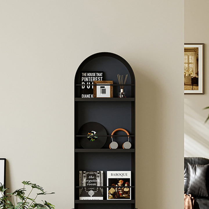 Moderner minimalistischer beweglicher drehbarer ovaler Bücherregal aus Kohlenstoffstahl mit Kunstleder und Glas, 1 Korb für das Schlafzimmer 
