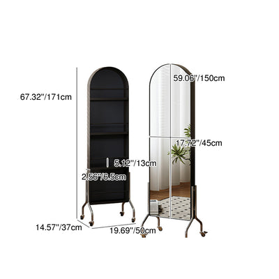 Modern Minimalist Movable Rotatable Oval Carbon Steel Faux Leather Glass Mirror Bookshelf 1-Basket For Bedroom