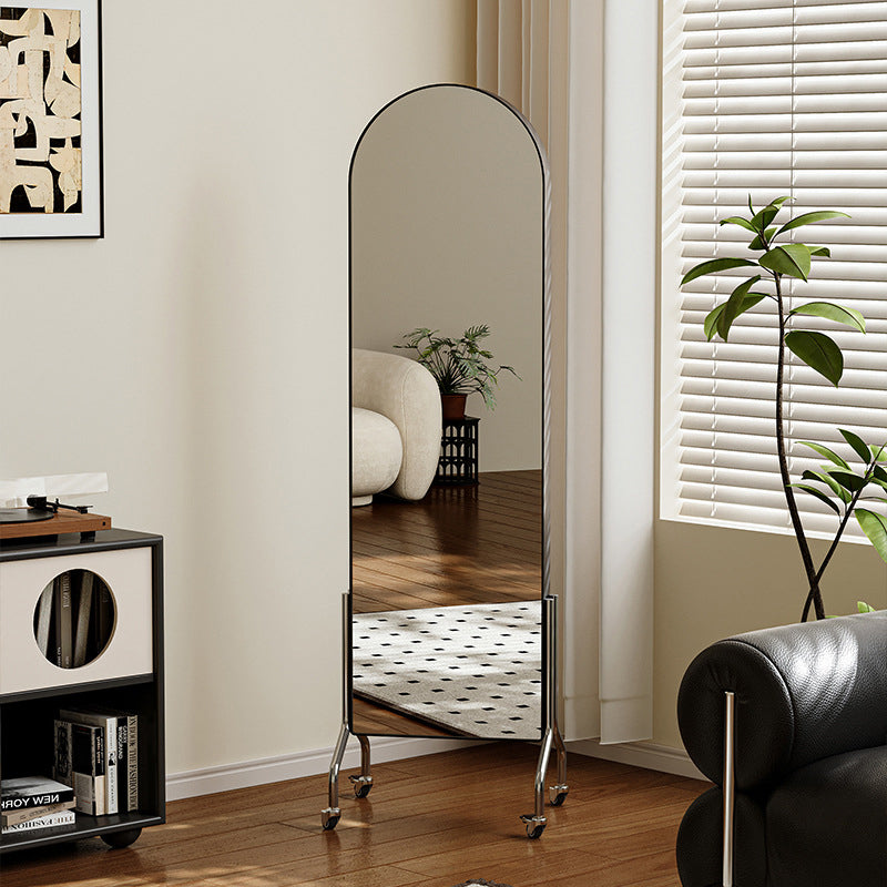 Modern Minimalist Movable Rotatable Oval Carbon Steel Faux Leather Glass Mirror Bookshelf 1-Basket For Bedroom