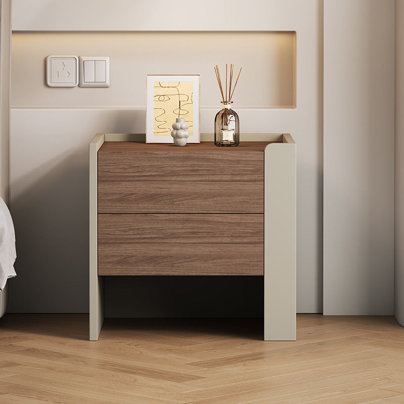 Moderner luxuriöser quadratischer umweltfreundlicher Nachttisch aus Holzwerkstoff, Sperrholz, Kiefernholz und Metall mit 2 Schubladen für das Schlafzimmer 