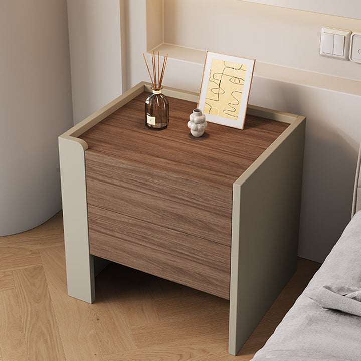 Moderner luxuriöser quadratischer umweltfreundlicher Nachttisch aus Holzwerkstoff, Sperrholz, Kiefernholz und Metall mit 2 Schubladen für das Schlafzimmer 
