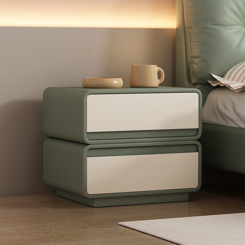 Contemporary Nordic Rectangular Solid Wood Microfiber Leather Nightstand 2-Drawer For Bedroom