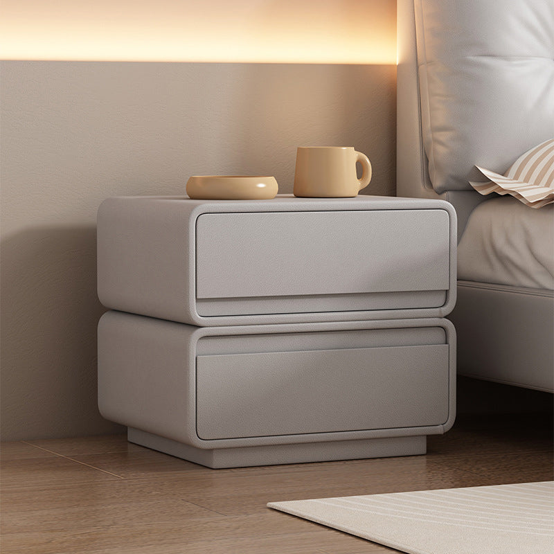 Contemporary Nordic Rectangular Solid Wood Microfiber Leather Nightstand 2-Drawer For Bedroom