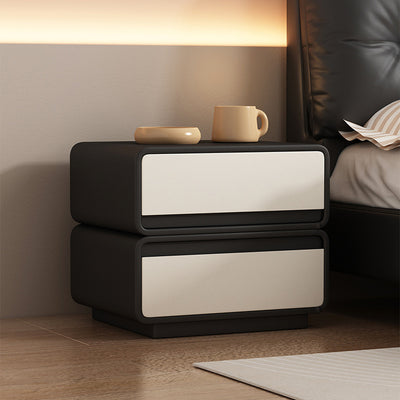 Contemporary Nordic Rectangular Solid Wood Microfiber Leather Nightstand 2-Drawer For Bedroom