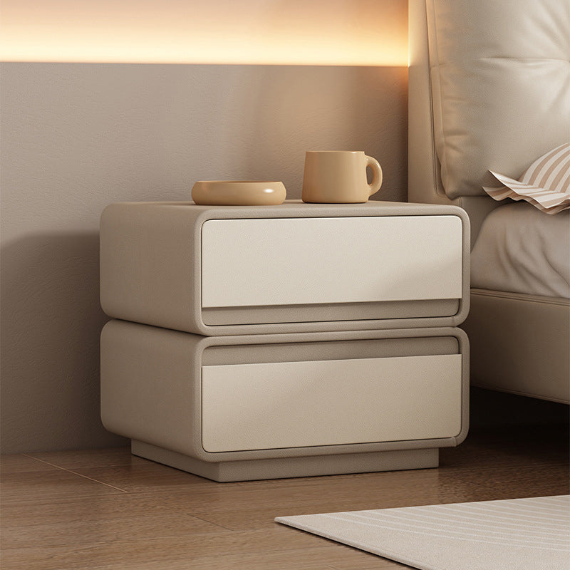 Contemporary Nordic Rectangular Solid Wood Microfiber Leather Nightstand 2-Drawer For Bedroom