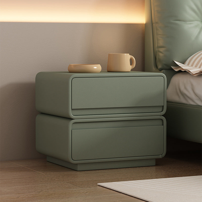 Contemporary Nordic Rectangular Solid Wood Microfiber Leather Nightstand 2-Drawer For Bedroom