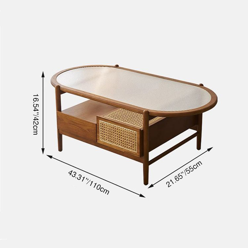 Traditional Rustic Oval Solid Wood Glass Rattan Weaving Coffee Table 4-Drawer For Living Room