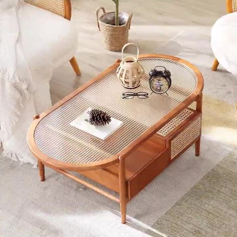 Traditional Rustic Oval Solid Wood Glass Rattan Weaving Coffee Table 4-Drawer For Living Room
