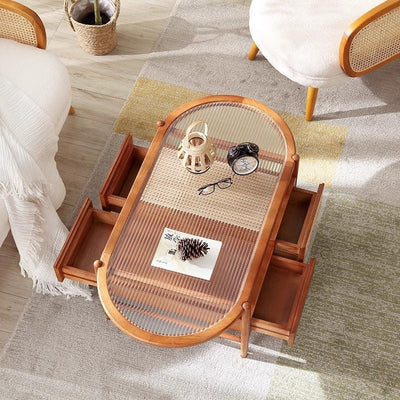 Traditional Rustic Oval Solid Wood Glass Rattan Weaving Coffee Table 4-Drawer For Living Room