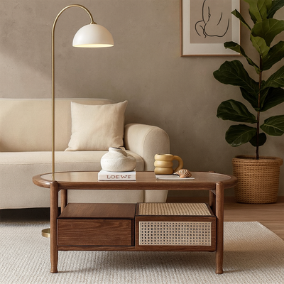 Traditional Rustic Oval Solid Wood Glass Rattan Weaving Coffee Table 4-Drawer For Living Room