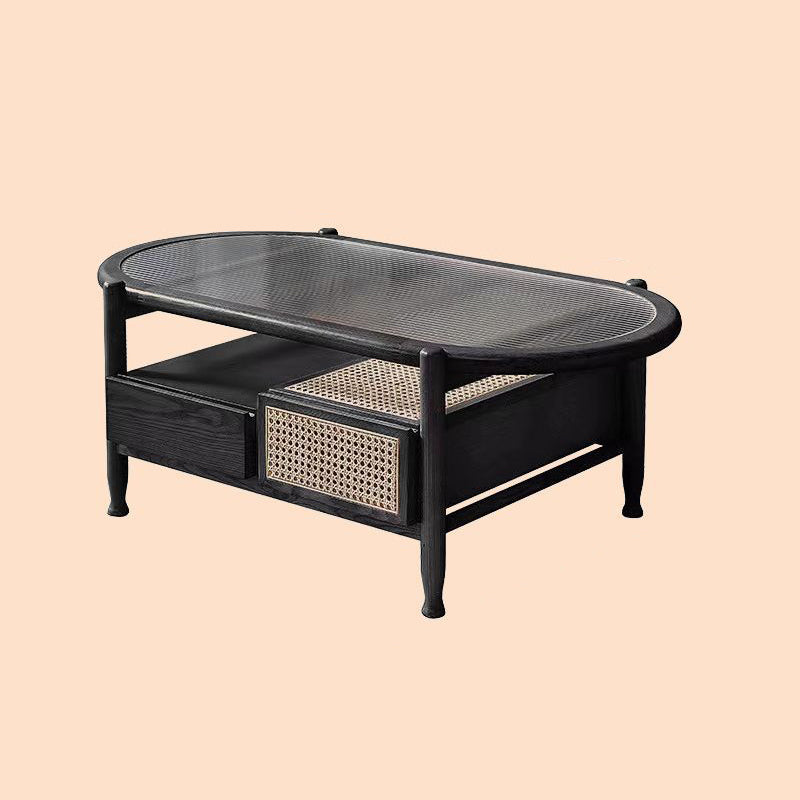 Traditional Rustic Oval Solid Wood Glass Rattan Weaving Coffee Table 4-Drawer For Living Room