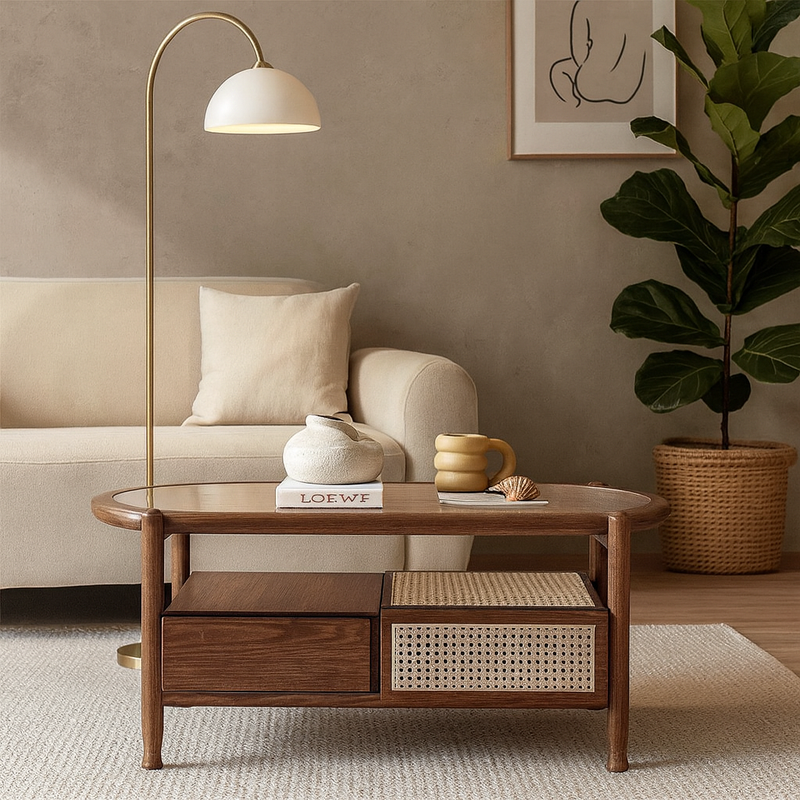 Traditional Rustic Oval Solid Wood Glass Rattan Weaving Coffee Table 4-Drawer For Living Room