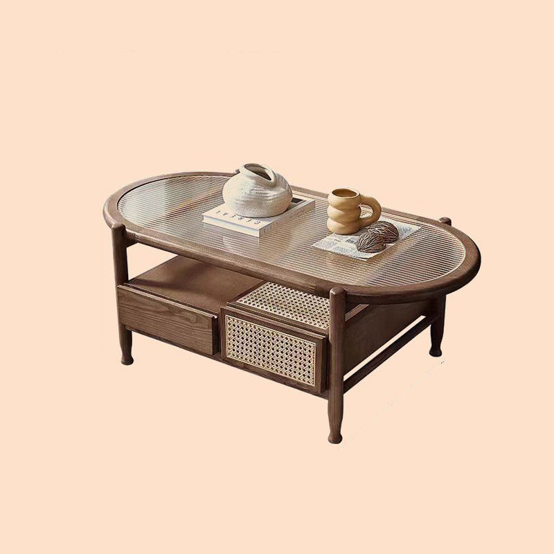 Traditional Rustic Oval Solid Wood Glass Rattan Weaving Coffee Table 4-Drawer For Living Room