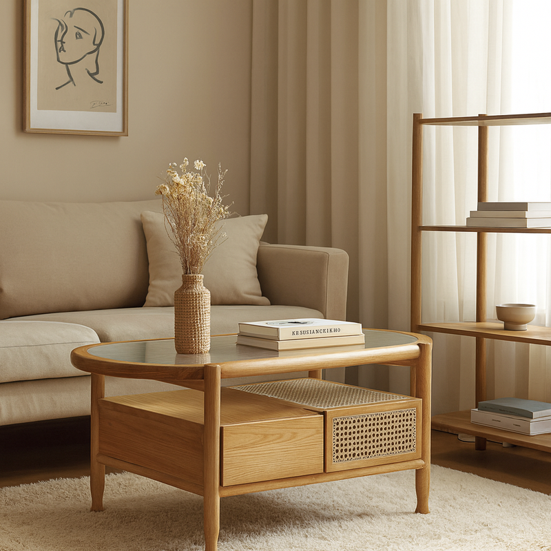 Traditional Rustic Oval Solid Wood Glass Rattan Weaving Coffee Table 4-Drawer For Living Room