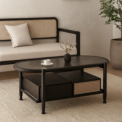 Traditional Rustic Oval Solid Wood Glass Rattan Weaving Coffee Table 4-Drawer For Living Room
