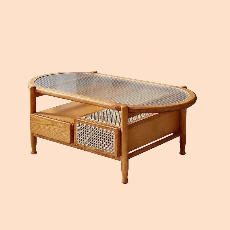 Traditional Rustic Oval Solid Wood Glass Rattan Weaving Coffee Table 4-Drawer For Living Room