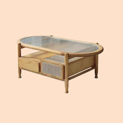 Traditional Rustic Oval Solid Wood Glass Rattan Weaving Coffee Table 4-Drawer For Living Room