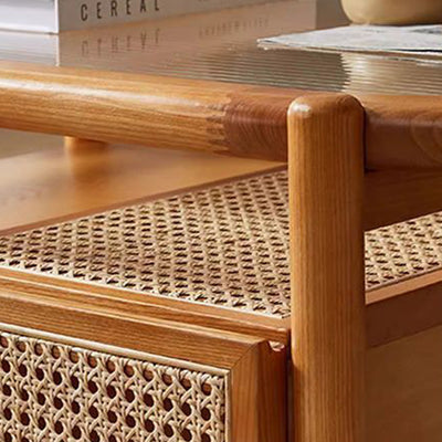 Traditional Rustic Oval Solid Wood Glass Rattan Weaving Coffee Table 4-Drawer For Living Room