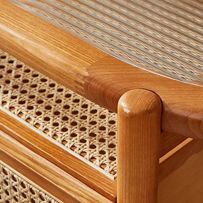 Traditional Rustic Oval Solid Wood Glass Rattan Weaving Coffee Table 4-Drawer For Living Room