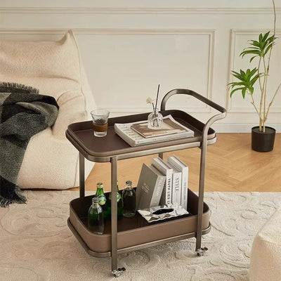 Contemporary Luxury Movable Rectangular Carbon Steel Faux Saddle Leather End Table 2-Tier For Living Room