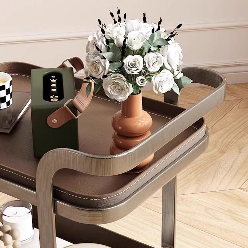 Contemporary Luxury Movable Rectangular Carbon Steel Faux Saddle Leather End Table 2-Tier For Living Room
