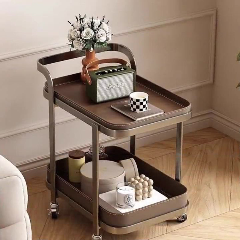 Contemporary Luxury Movable Rectangular Carbon Steel Faux Saddle Leather End Table 2-Tier For Living Room