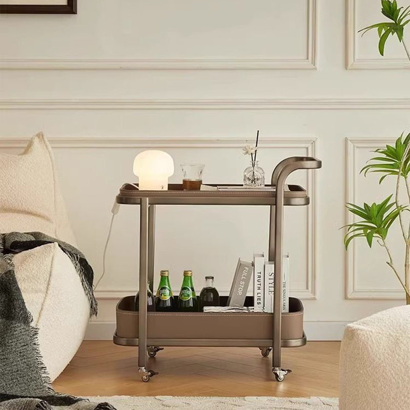 Contemporary Luxury Movable Rectangular Carbon Steel Faux Saddle Leather End Table 2-Tier For Living Room