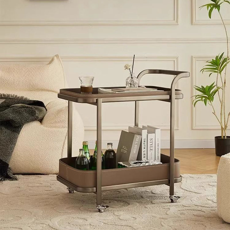 Contemporary Luxury Movable Rectangular Carbon Steel Faux Saddle Leather End Table 2-Tier For Living Room